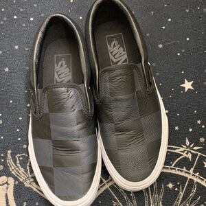Vans Men's Black and Gray Checkered Slip-On Sneakers